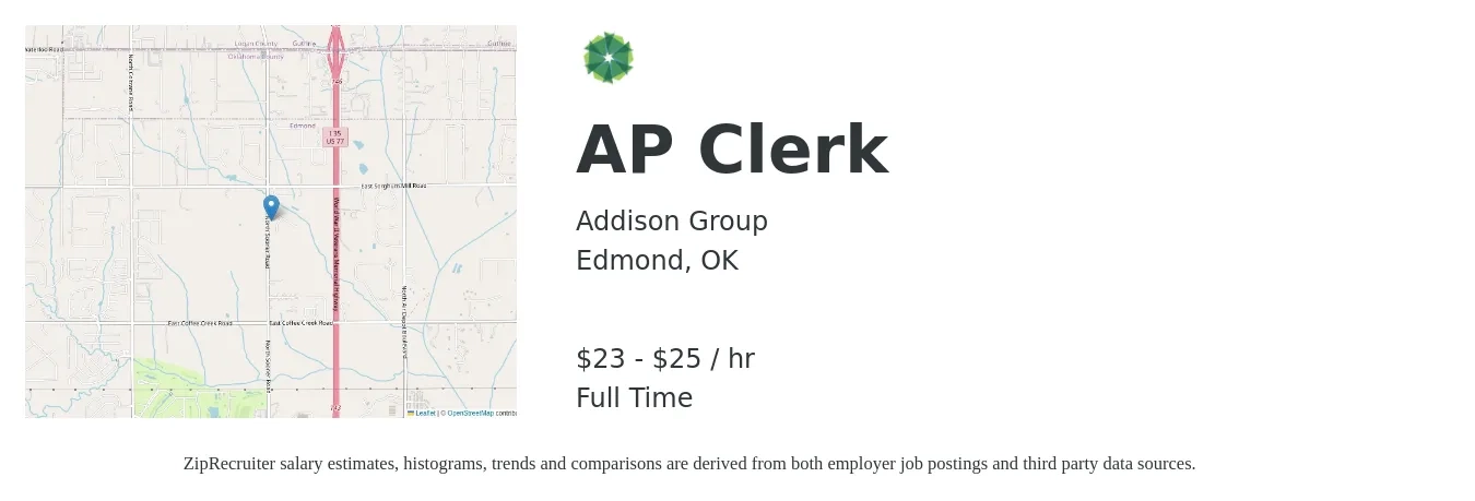 Addison Group job posting for a AP Clerk in Edmond, OK with a salary of $24 to $26 Hourly with a map of Edmond location.