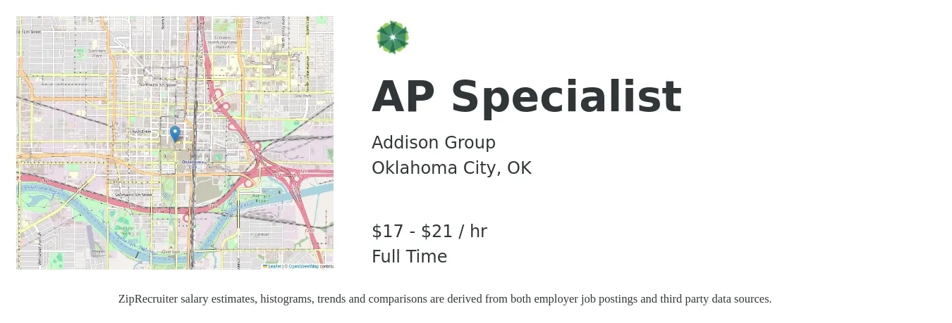 Addison Group job posting for a AP Specialist in Oklahoma City, OK with a salary of $18 to $22 Hourly with a map of Oklahoma City location.