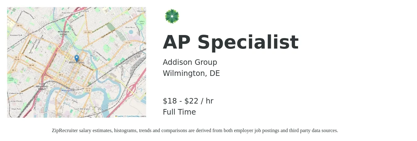 Addison Group job posting for a AP Specialist in Wilmington, DE with a salary of $19 to $23 Hourly with a map of Wilmington location.