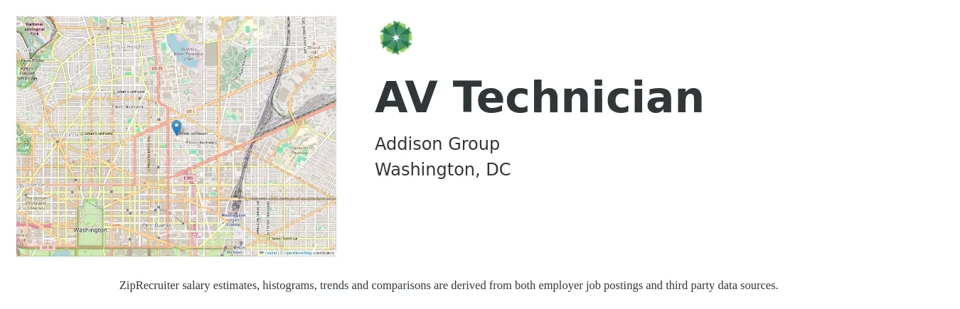 Addison Group job posting for a AV Technician in Washington, DC with a salary of $24 to $34 Hourly with a map of Washington location.