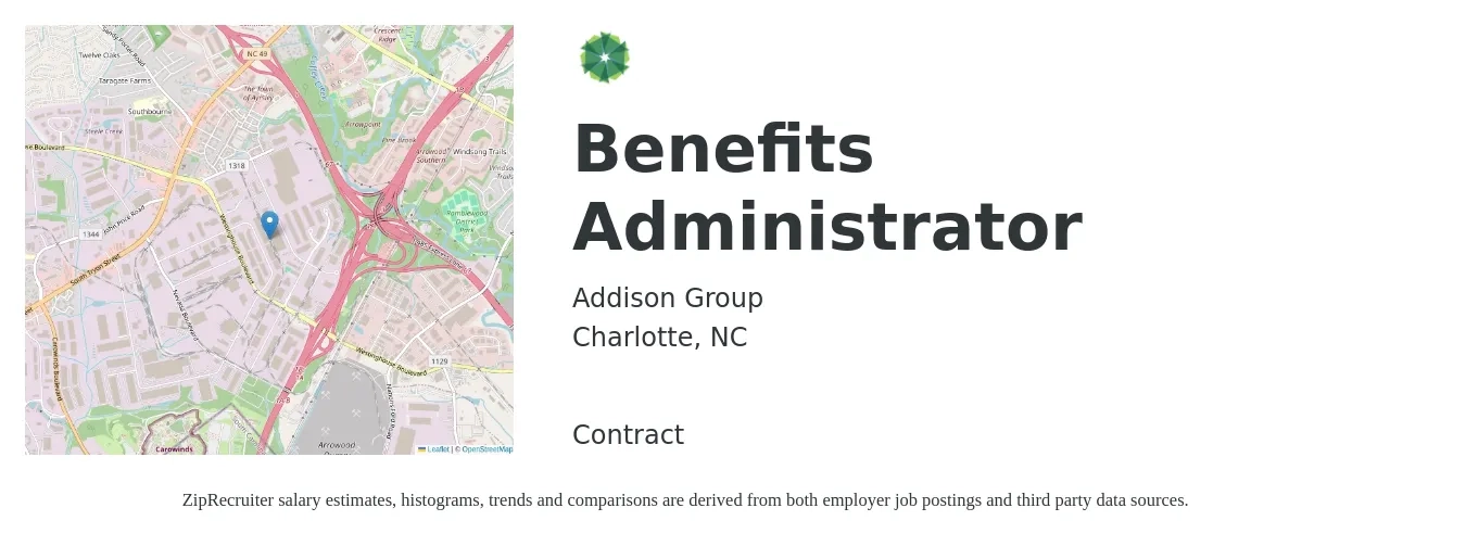 Addison Group job posting for a Benefits Administrator in Charlotte, NC with a salary of $49,300 to $73,300 Yearly with a map of Charlotte location.