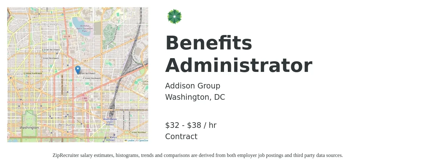 Addison Group job posting for a Benefits Administrator in Washington, DC with a salary of $28 to $34 Hourly with a map of Washington location.