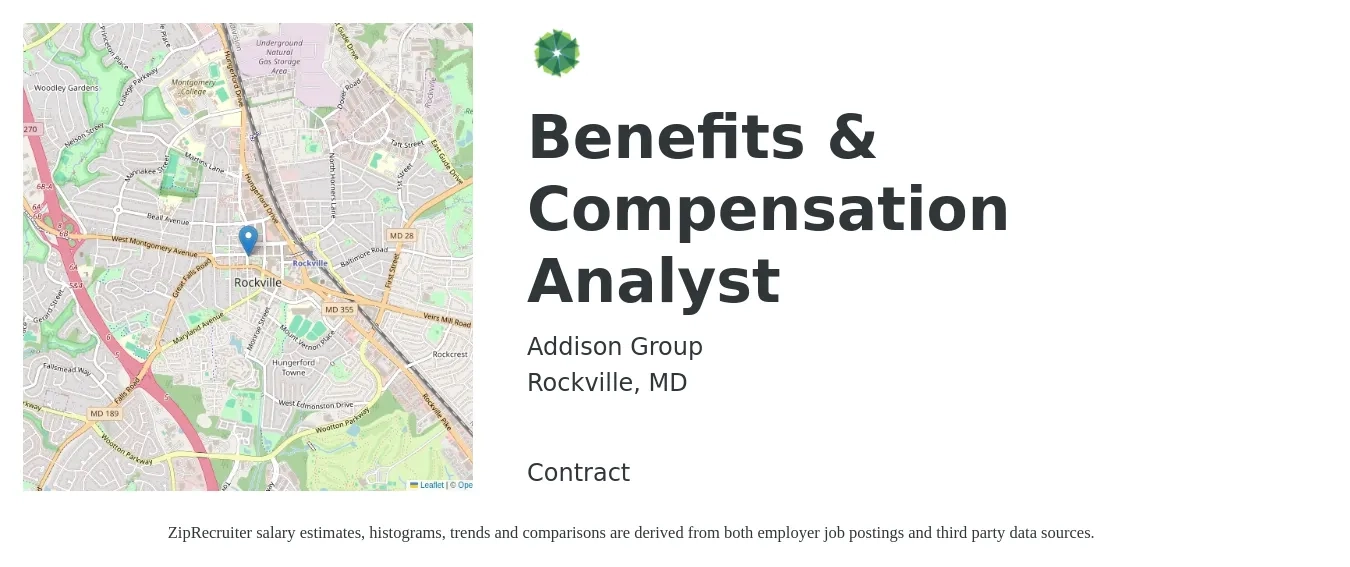 Addison Group job posting for a Benefits & Compensation Analyst in Rockville, MD with a salary of $71,300 to $88,700 Yearly with a map of Rockville location.