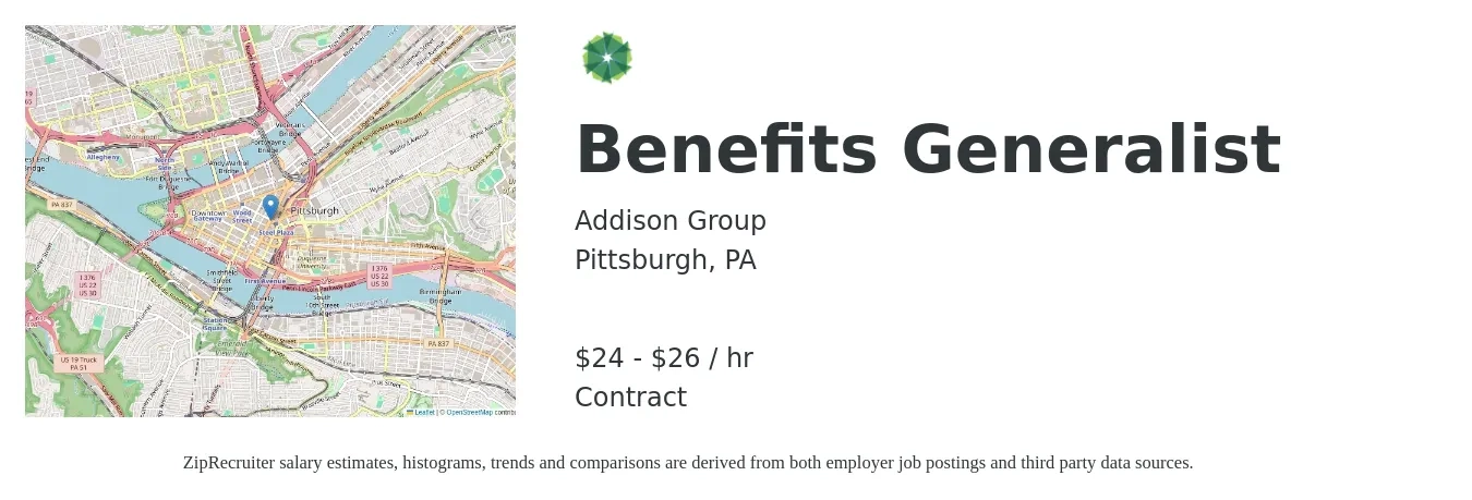 Addison Group job posting for a Benefits Generalist in Pittsburgh, PA with a salary of $25 to $28 Hourly with a map of Pittsburgh location.