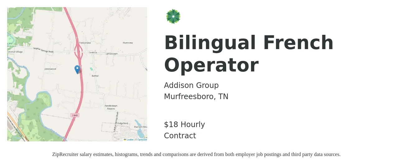 Addison Group job posting for a Bilingual French Operator in Murfreesboro, TN with a salary of $19 Hourly with a map of Murfreesboro location.