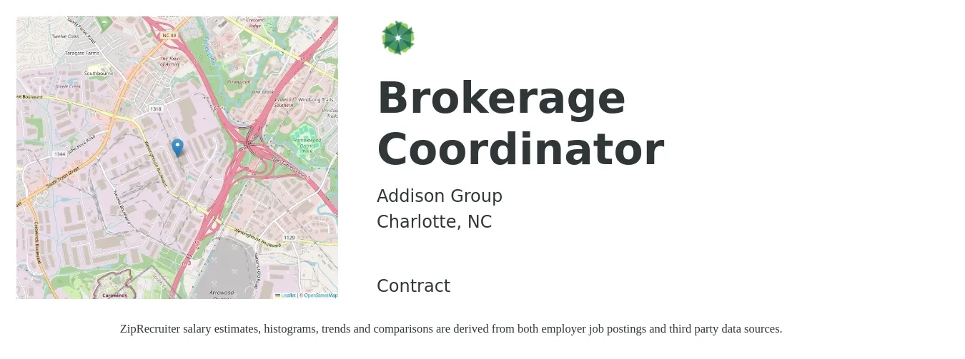 Addison Group job posting for a Brokerage Coordinator in Charlotte, NC with a salary of $20 to $30 Hourly with a map of Charlotte location.