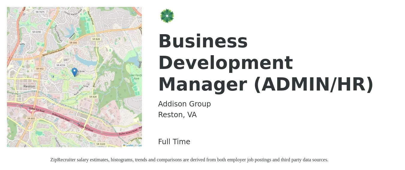 Addison Group job posting for a Business Development Manager (ADMIN/HR) in Reston, VA with a salary of $63,500 to $104,000 Yearly with a map of Reston location.