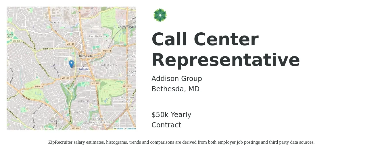 Addison Group job posting for a Call Center Representative in Bethesda, MD with a salary of $50,000 Yearly with a map of Bethesda location.