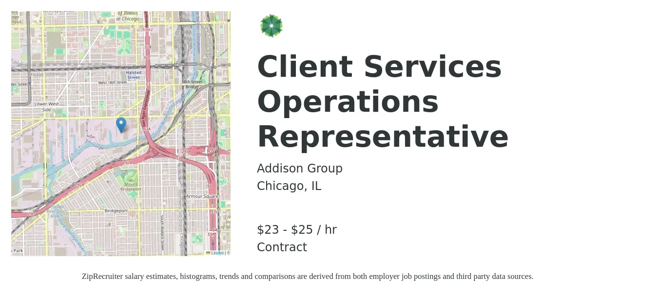 Addison Group job posting for a Client Services Operations Representative in Chicago, IL with a salary of $24 to $27 Hourly with a map of Chicago location.