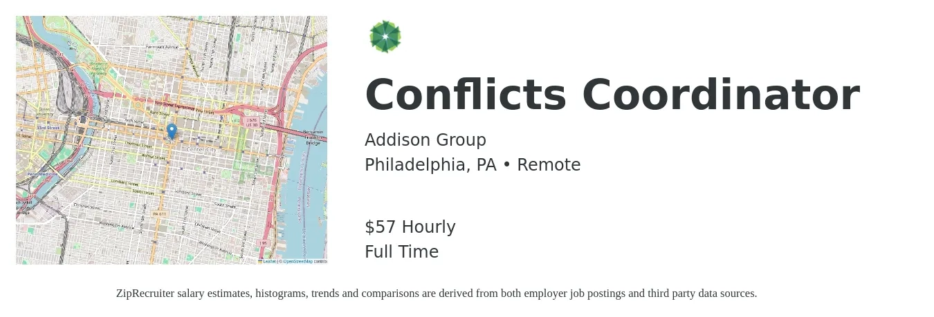 Addison Group job posting for a Conflicts Coordinator in Philadelphia, PA with a salary of $60 Hourly with a map of Philadelphia location.