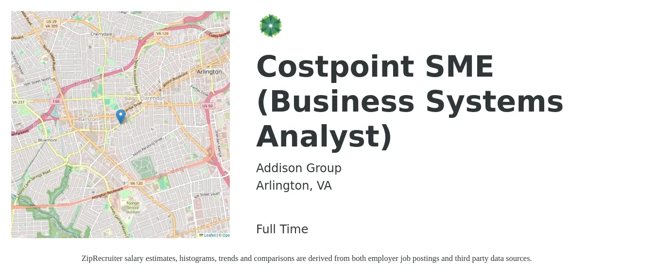 Addison Group job posting for a Costpoint SME (Business Systems Analyst) in Arlington, VA with a salary of $46 to $70 Hourly with a map of Arlington location.
