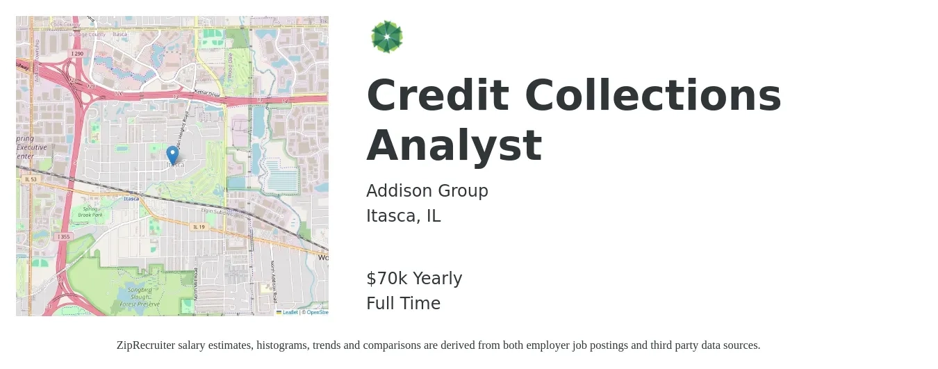 Addison Group job posting for a Credit Collections Analyst in Itasca, IL with a salary of $70,000 Yearly with a map of Itasca location.