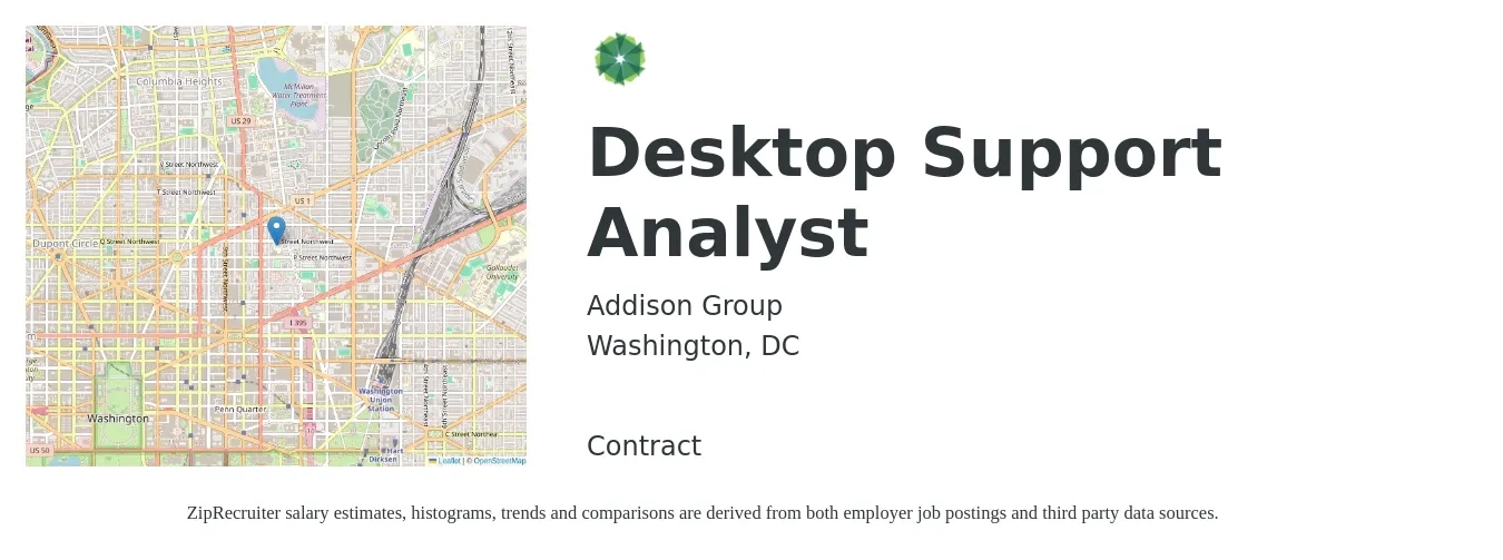 Addison Group job posting for a Desktop Support Analyst in Washington, DC with a salary of $26 to $36 Hourly with a map of Washington location.