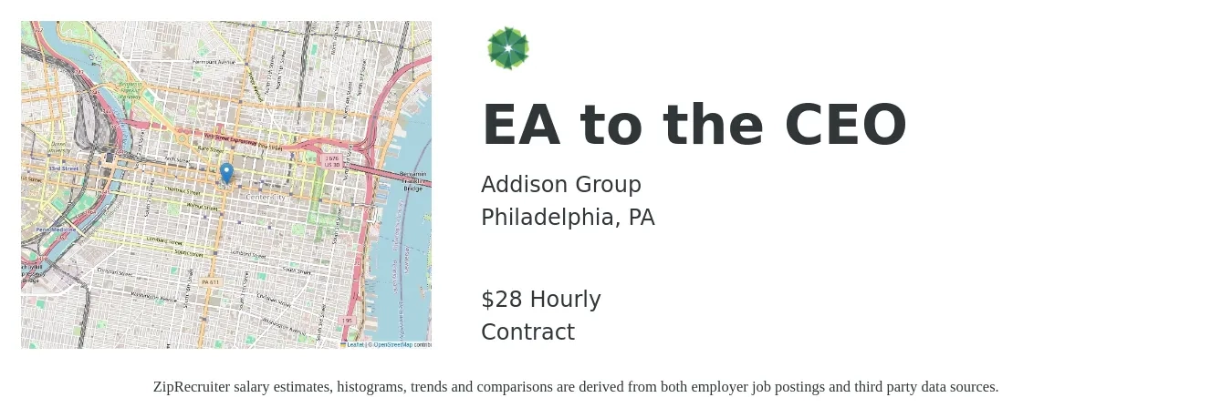 Addison Group job posting for a EA to the CEO in Philadelphia, PA with a salary of $30 Hourly with a map of Philadelphia location.