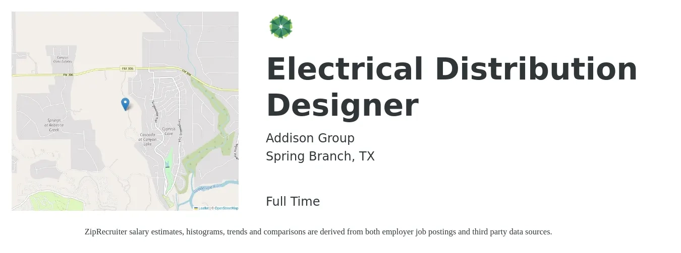 Addison Group job posting for a Electrical Distribution Designer in Spring Branch, TX with a salary of $28 to $40 Hourly with a map of Spring Branch location.