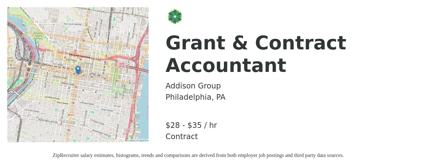 Addison Group job posting for a Grant & Contract Accountant in Philadelphia, PA with a salary of $30 to $37 Hourly with a map of Philadelphia location.