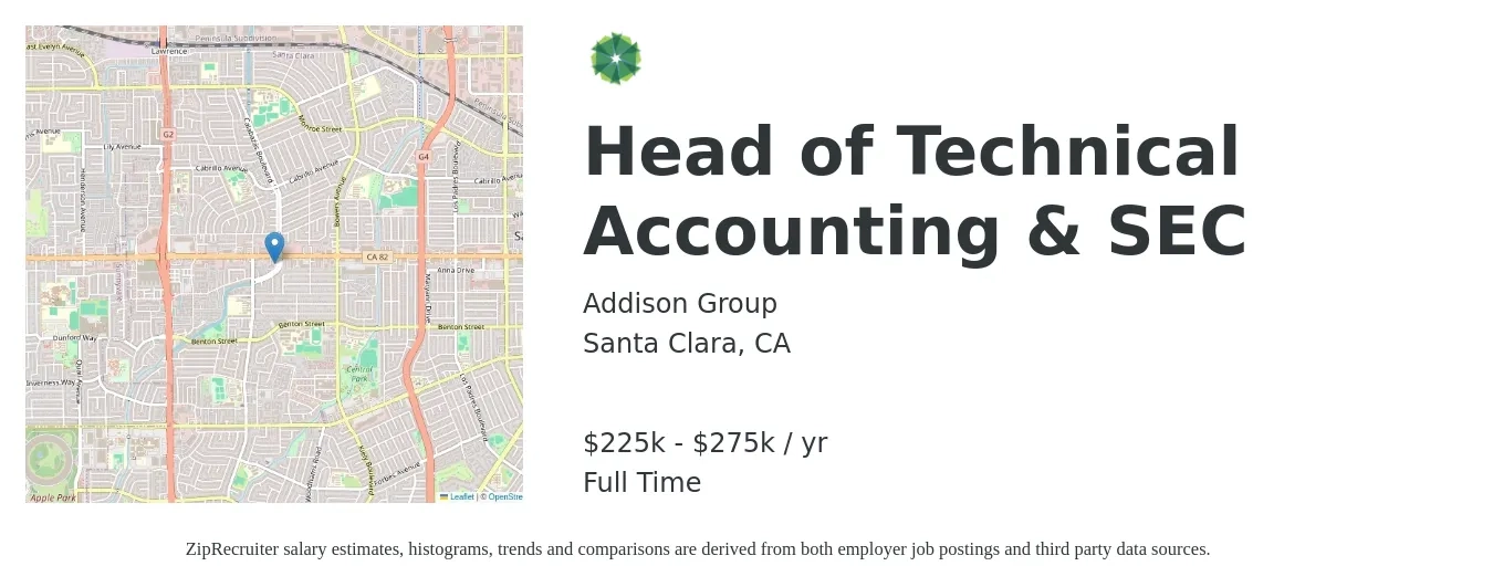 Addison Group job posting for a Head of Technical Accounting & SEC in Santa Clara, CA with a salary of $225,000 to $275,000 Yearly with a map of Santa Clara location.