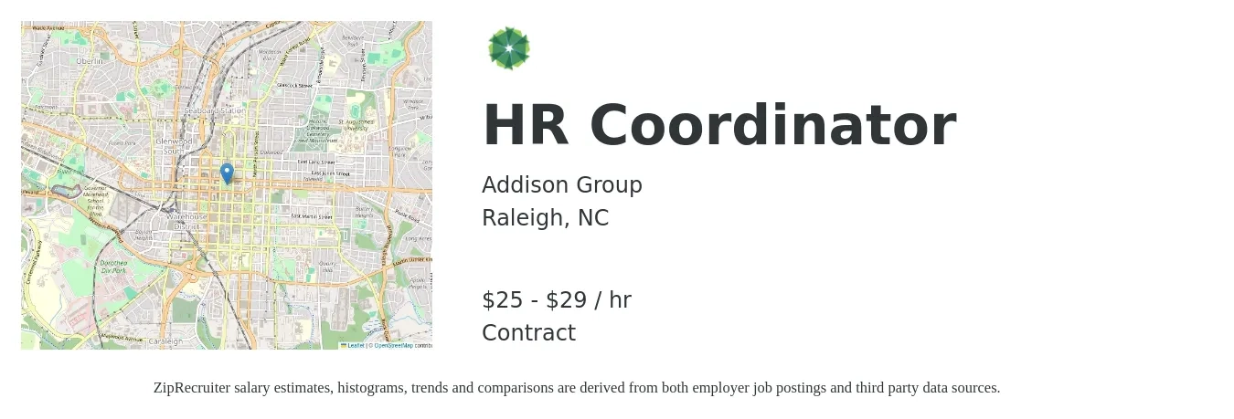 Addison Group job posting for a HR Coordinator in Raleigh, NC with a salary of $26 to $31 Hourly with a map of Raleigh location.