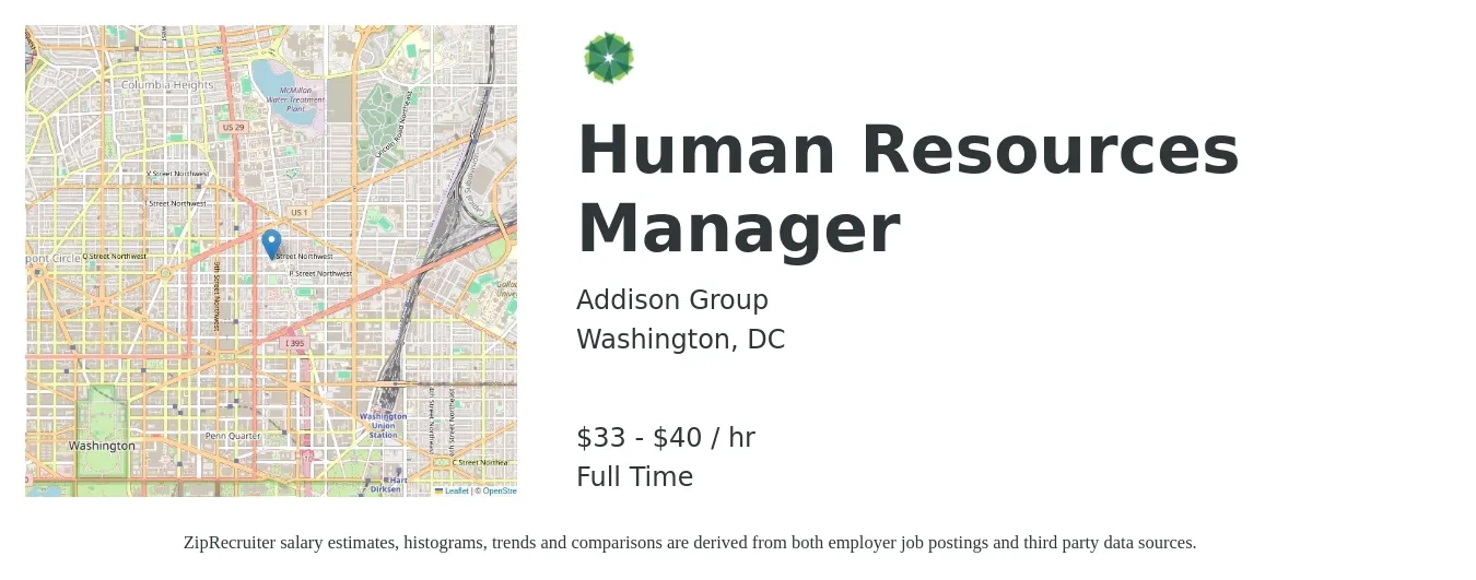 Addison Group job posting for a Human Resources Manager in Washington, DC with a salary of $35 to $42 Hourly with a map of Washington location.