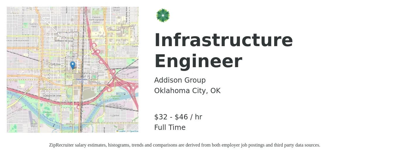 Addison Group job posting for a Infrastructure Engineer in Oklahoma City, OK with a salary of $34 to $48 Hourly with a map of Oklahoma City location.