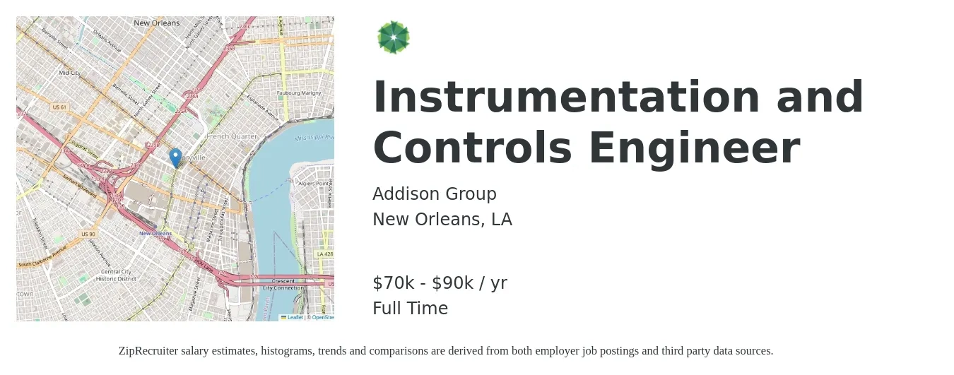 Addison Group job posting for a Instrumentation and Controls Engineer in New Orleans, LA with a salary of $70,000 to $90,000 Yearly with a map of New Orleans location.