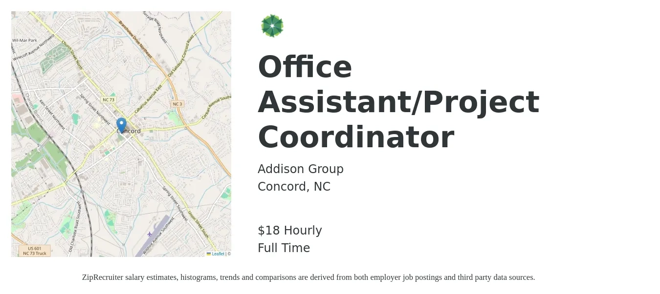 Addison Group job posting for a Office Assistant/Project Coordinator in Concord, NC with a salary of $19 Hourly with a map of Concord location.