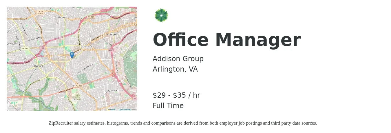 Addison Group job posting for a Office Manager in Arlington, VA with a salary of $31 to $37 Hourly with a map of Arlington location.