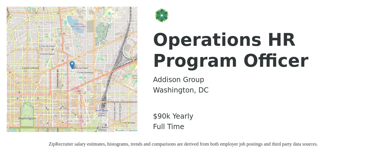 Addison Group job posting for a Operations HR Program Officer in Washington, DC with a salary of $90,000 Yearly with a map of Washington location.