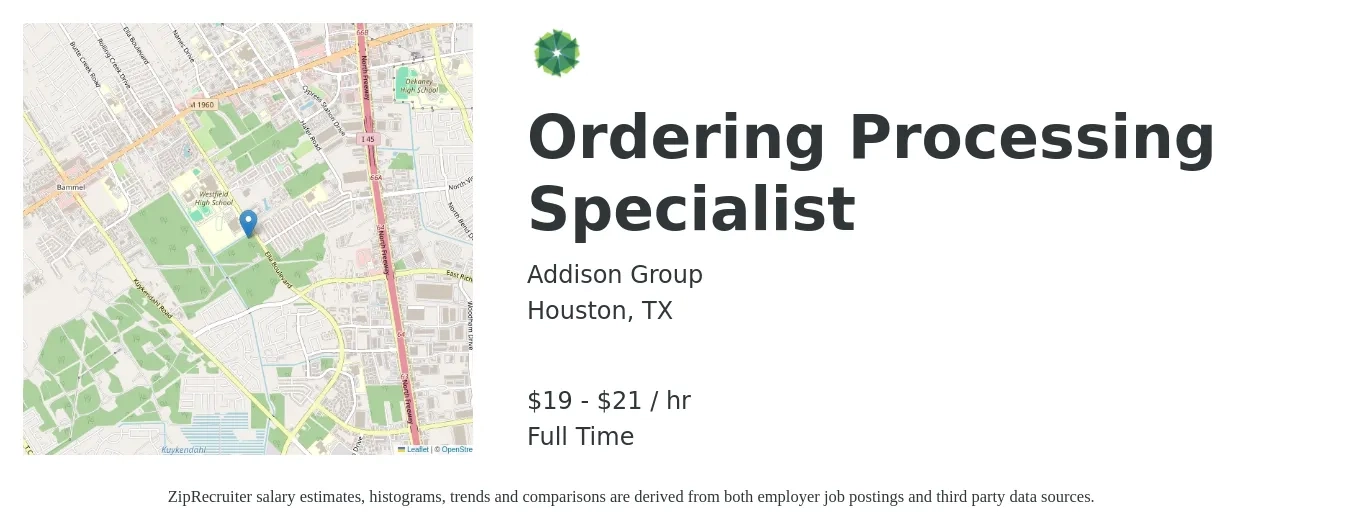 Addison Group job posting for a Ordering Processing Specialist in Houston, TX with a salary of $20 to $22 Hourly with a map of Houston location.