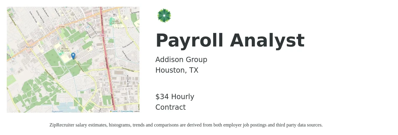 Addison Group job posting for a Payroll Analyst in Houston, TX with a salary of $36 Hourly with a map of Houston location.