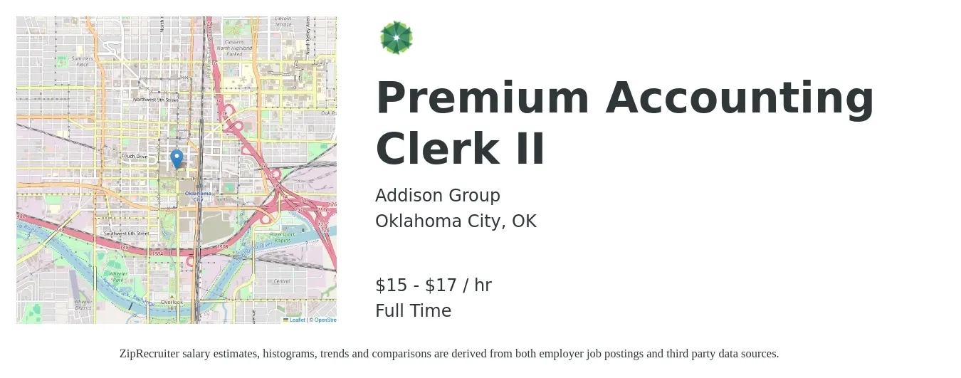 Addison Group job posting for a Premium Accounting Clerk II in Oklahoma City, OK with a salary of $16 to $18 Hourly with a map of Oklahoma City location.