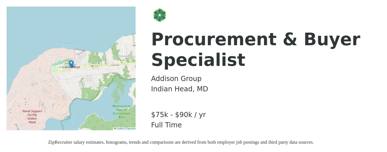 Addison Group job posting for a Procurement & Buyer Specialist in Indian Head, MD with a salary of $75,000 to $90,000 Yearly with a map of Indian Head location.