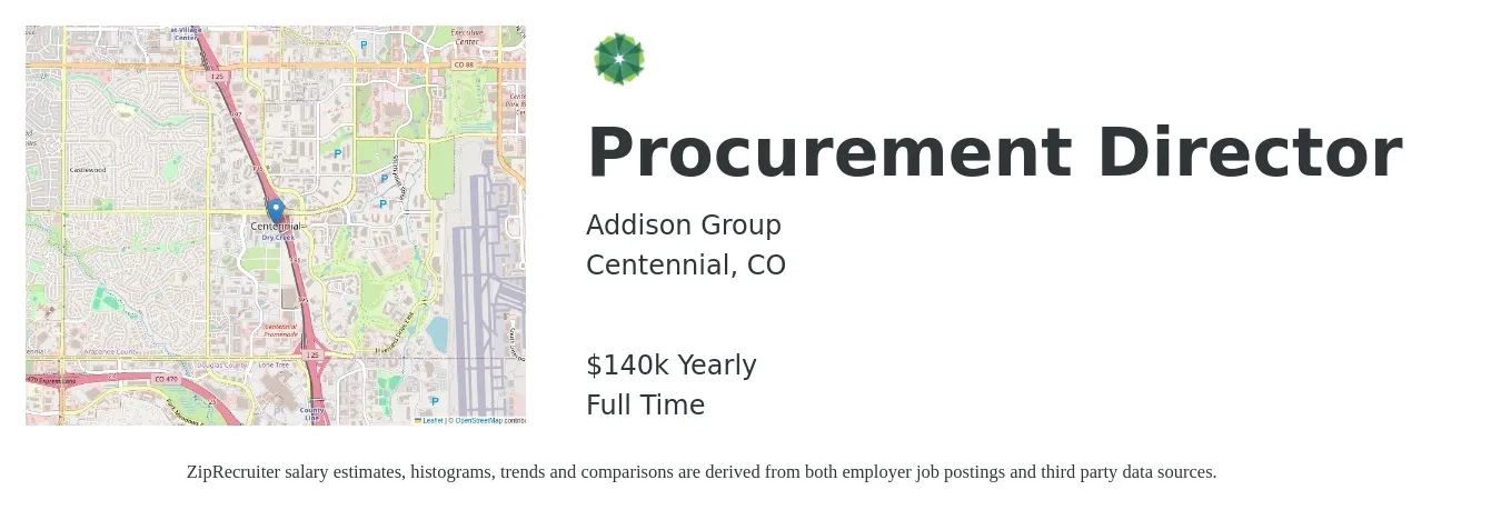 Addison Group job posting for a Procurement Director in Centennial, CO with a salary of $140,000 Yearly with a map of Centennial location.