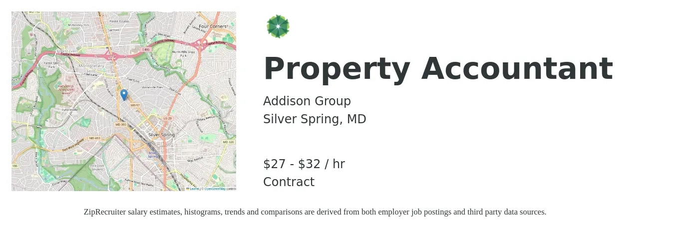 Addison Group job posting for a Property Accountant in Silver Spring, MD with a salary of $29 to $34 Hourly with a map of Silver Spring location.