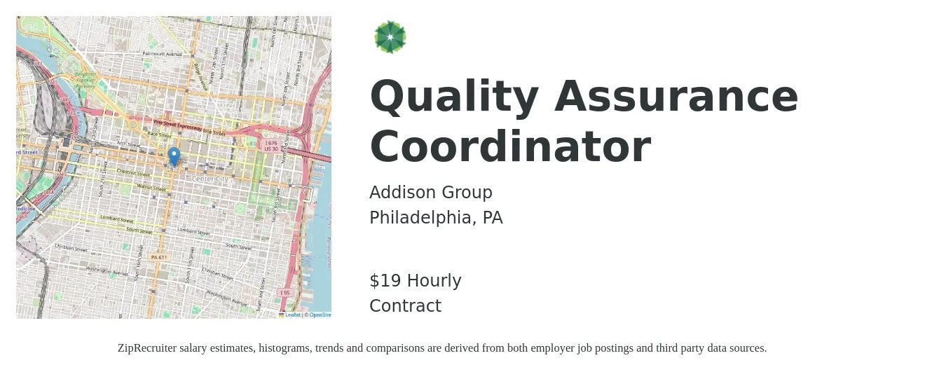 Addison Group job posting for a Quality Assurance Coordinator in Philadelphia, PA with a salary of $20 Hourly with a map of Philadelphia location.