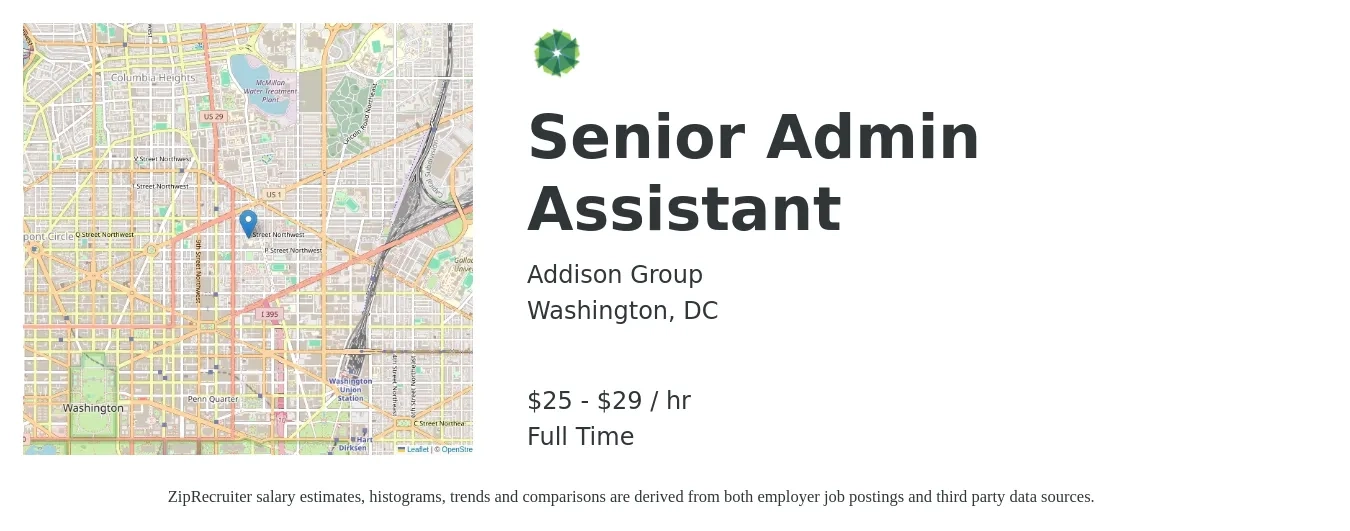 Addison Group job posting for a Senior Admin Assistant in Washington, DC with a salary of $26 to $31 Hourly with a map of Washington location.