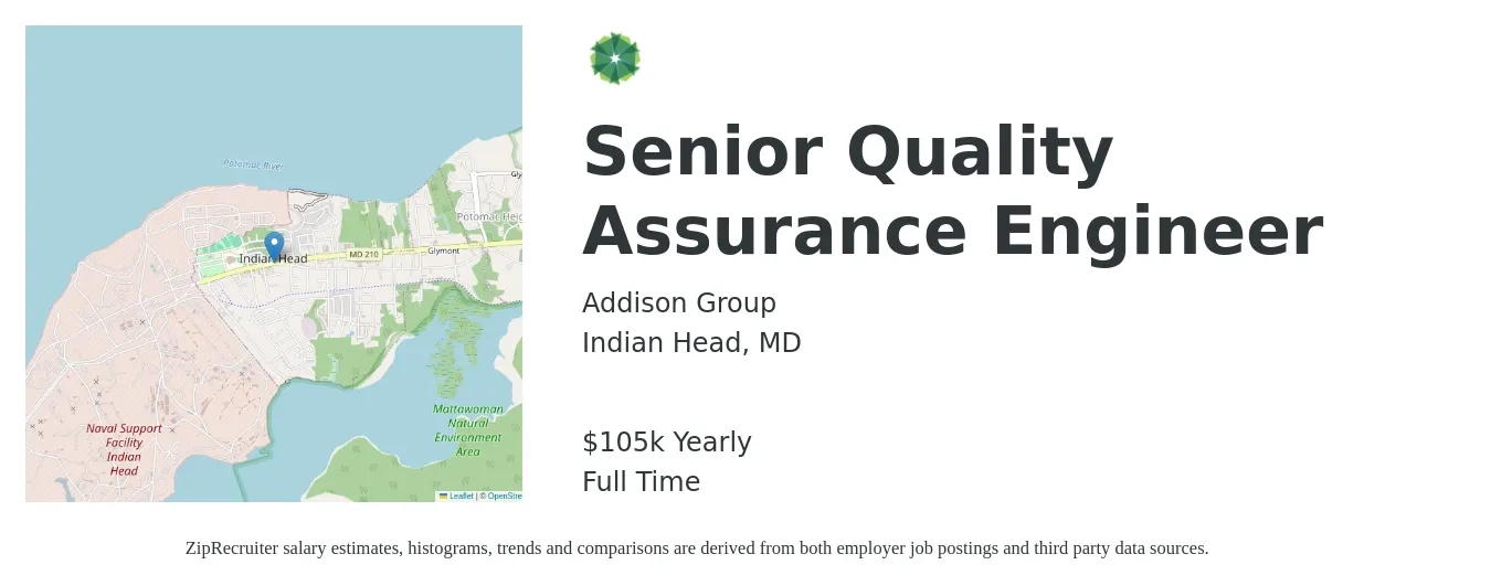 Addison Group job posting for a Senior Quality Assurance Engineer in Indian Head, MD with a salary of $105,000 Yearly with a map of Indian Head location.