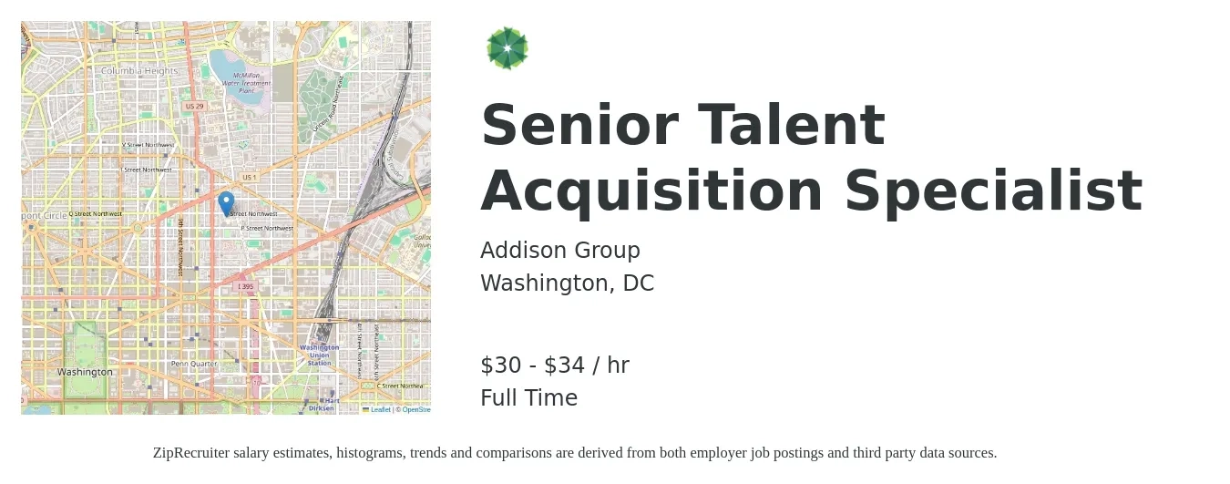 Addison Group job posting for a Senior Talent Acquisition Specialist in Washington, DC with a salary of $32 to $36 Hourly with a map of Washington location.