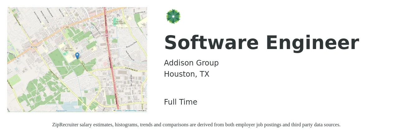 Addison Group job posting for a Software Engineer in Houston, TX with a salary of $114,600 to $165,200 Yearly with a map of Houston location.