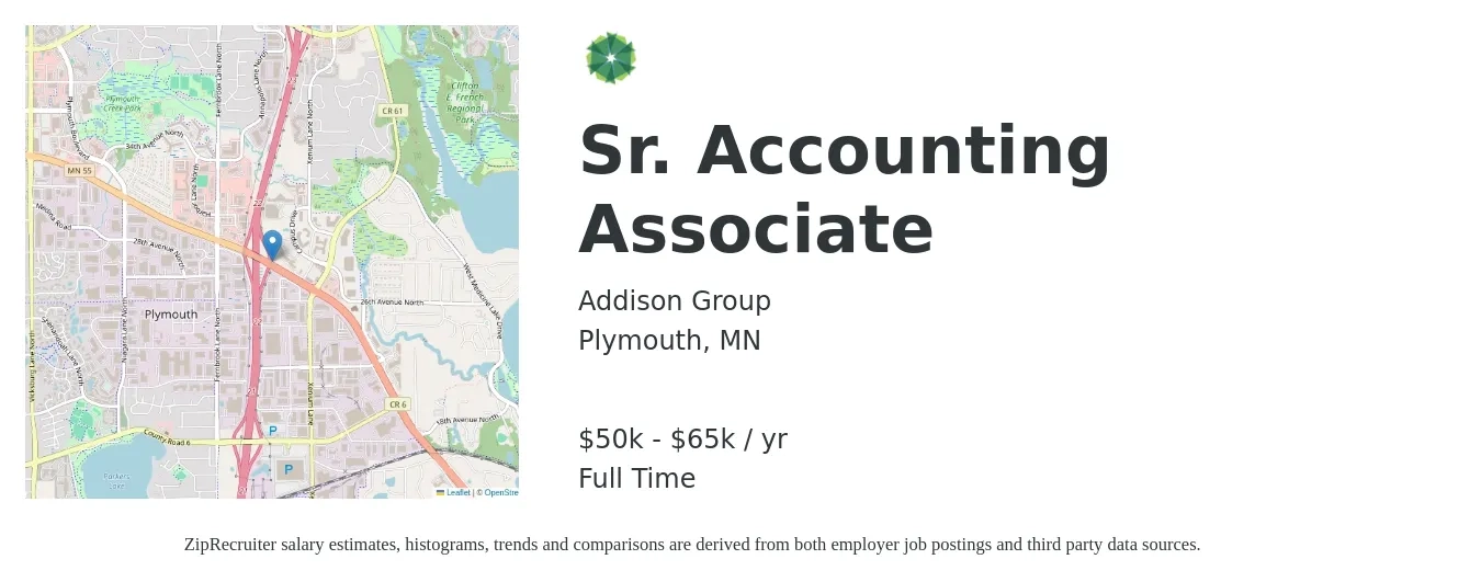 Addison Group job posting for a Sr. Accounting Associate in Plymouth, MN with a salary of $50,000 to $65,000 Yearly with a map of Plymouth location.