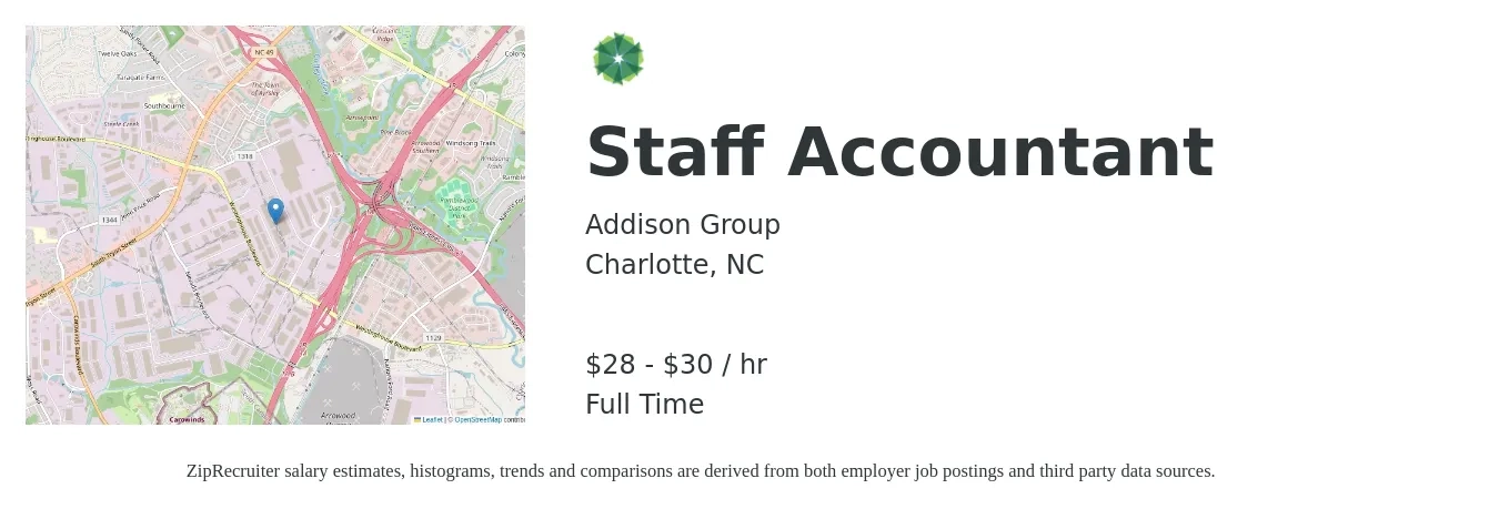 Addison Group job posting for a Staff Accountant in Charlotte, NC with a salary of $30 to $32 Hourly with a map of Charlotte location.
