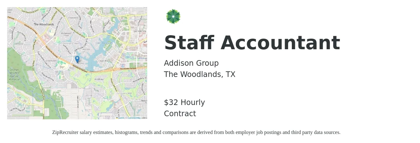 Addison Group job posting for a Staff Accountant in The Woodlands, TX with a salary of $34 Hourly with a map of The Woodlands location.