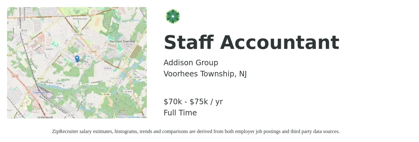 Addison Group job posting for a Staff Accountant in Voorhees Township, NJ with a salary of $70,000 to $75,000 Yearly with a map of Voorhees Township location.