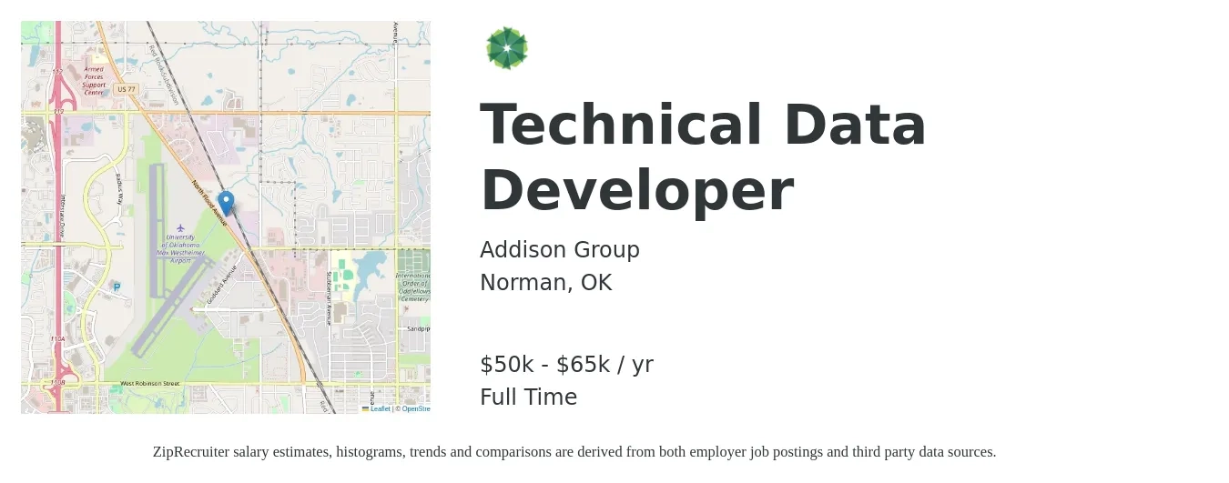 Addison Group job posting for a Technical Data Developer in Norman, OK with a salary of $50,000 to $65,000 Yearly with a map of Norman location.