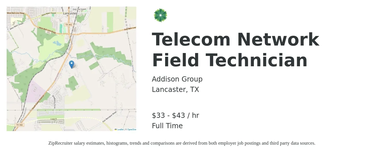 Addison Group job posting for a Telecom Network Field Technician in Lancaster, TX with a salary of $35 to $45 Hourly with a map of Lancaster location.
