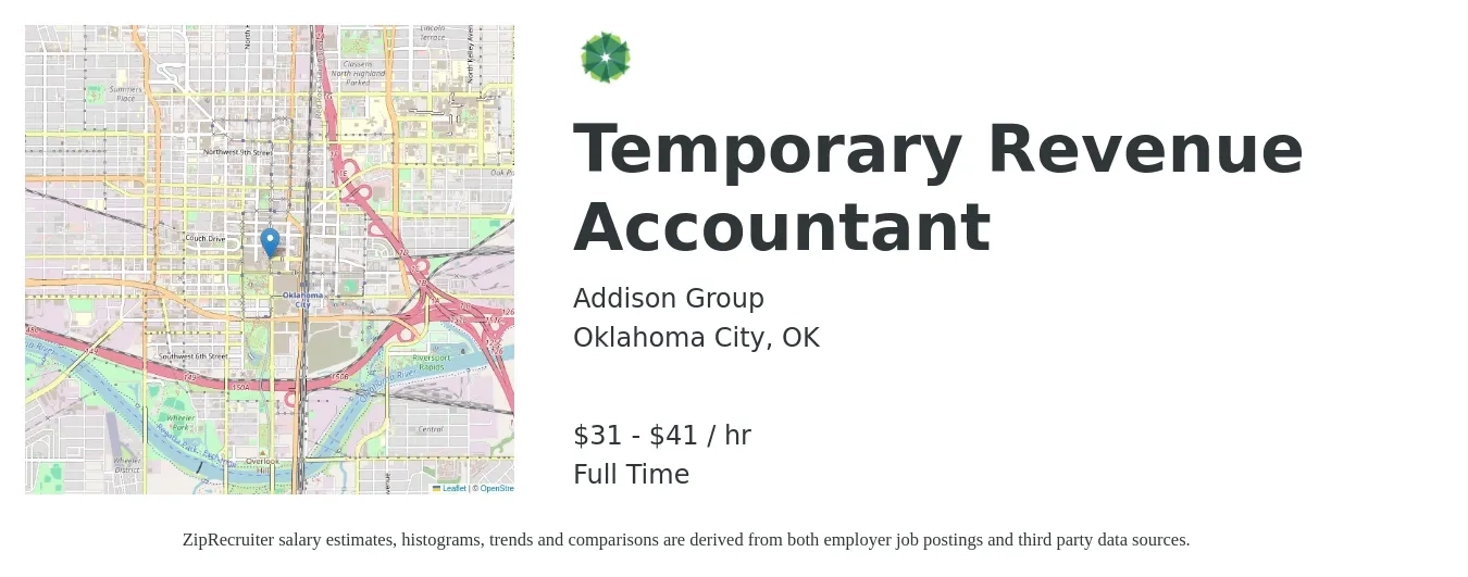 Addison Group job posting for a Temporary Revenue Accountant in Oklahoma City, OK with a salary of $33 to $43 Hourly with a map of Oklahoma City location.