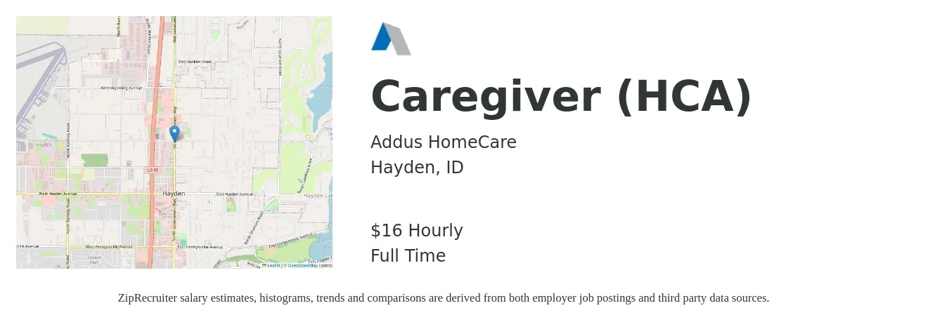 Addus HomeCare job posting for a Caregiver (HCA) in Hayden, ID with a salary of $17 Hourly with a map of Hayden location.