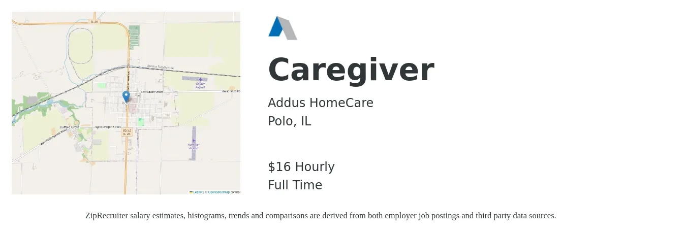 Addus HomeCare job posting for a Caregiver in Polo, IL with a salary of $17 Hourly with a map of Polo location.