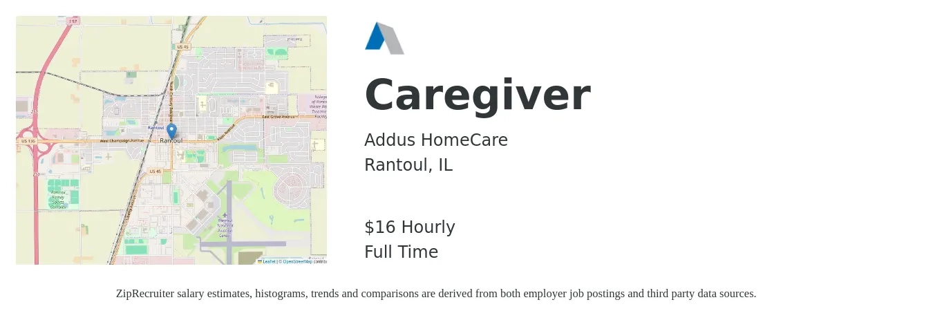 Addus HomeCare job posting for a Caregiver in Rantoul, IL with a salary of $17 Hourly with a map of Rantoul location.