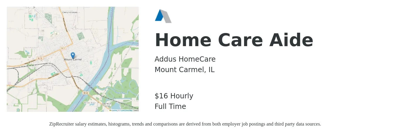 Addus HomeCare job posting for a Home Care Aide in Mount Carmel, IL with a salary of $17 Hourly with a map of Mount Carmel location.